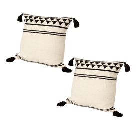 18 x 18 Square Cotton Accent Throw Pillow with Simple Striped Pattern and Tassels, Set of 2, White and Black