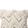 18 x 18 Square Polycotton Handwoven Accent Throw Pillow, Fringed, Sequins, Chevron Design, Off White