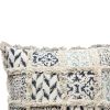 18 x 18 Square Cotton Accent Throw Pillow, Fluffy Fringes, Soft Block Print Raised Pattern, Cream, Blue