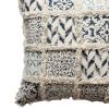 18 x 18 Square Cotton Accent Throw Pillow, Fluffy Fringes, Soft Block Print Raised Pattern, Cream, Blue