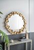 35" Round Metal Wall Mirror with Golden Leaf Accents, Modern Decor Mirror for Living Room Entryway Hallway