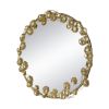 35" Round Metal Wall Mirror with Golden Leaf Accents, Modern Decor Mirror for Living Room Entryway Hallway